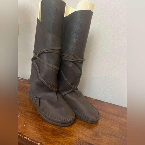 Handmade Brown Wrap Leather Elf Boots Minimalist Moccasin Knee High Boots 8.5 - Picture 2 of 13